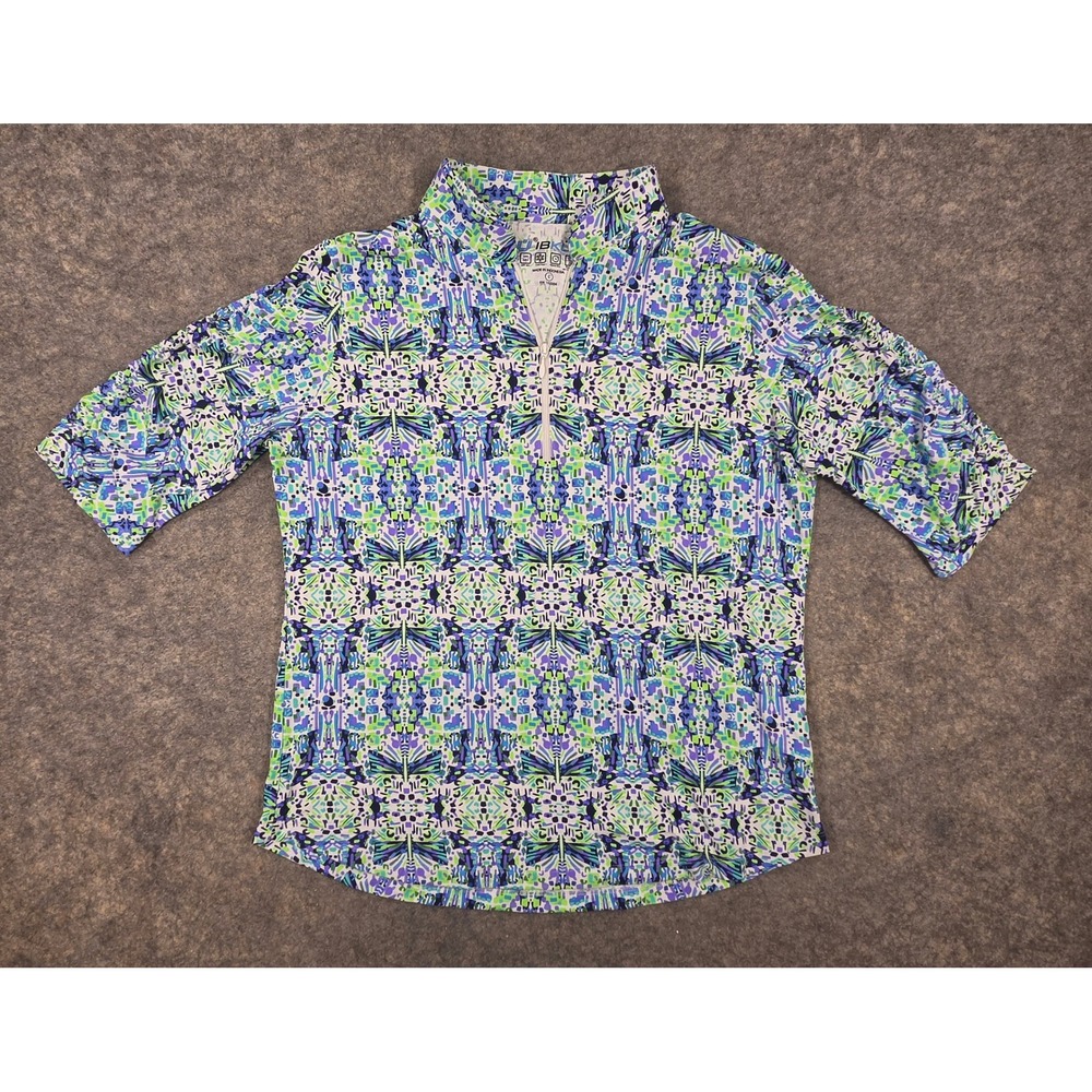 IBKUL Womens Sun Shirt Large Blue Green Butterfly Print Quarter Zip Golf Top